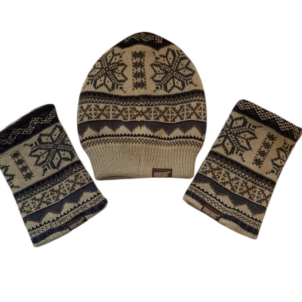 MUK LUKS Hat, Hand Warmers Grey, Navy Fair Isle Print